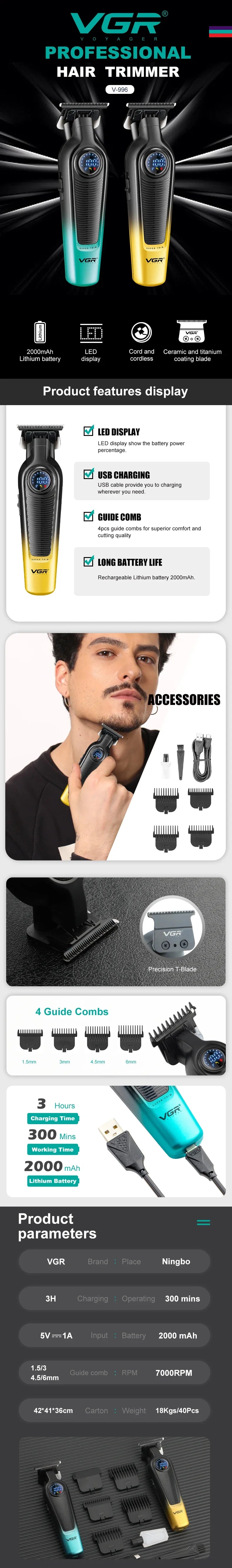 VGR V-996 Trimmer for Men DLC T-Blade LED Display Cordless USB Oil Head Professional Hair Clipper Finishing Machine Haircut