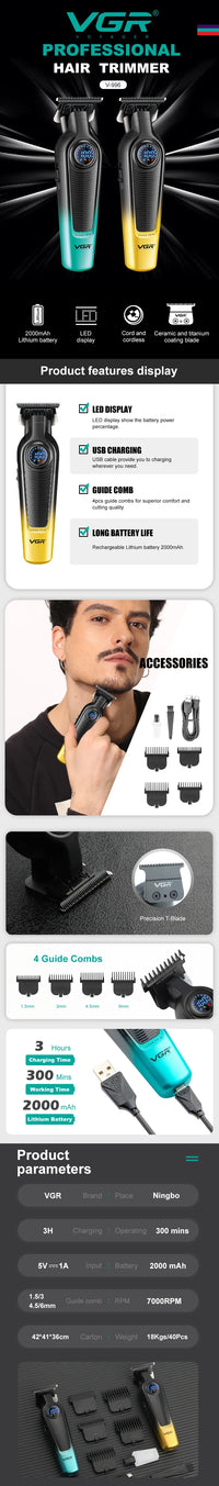 VGR V-996 Trimmer for Men DLC T-Blade LED Display Cordless USB Oil Head Professional Hair Clipper Finishing Machine Haircut