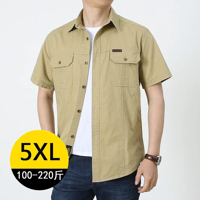 Men Cargo Shirt Short Sleeve Casual Cotton Work Shirt