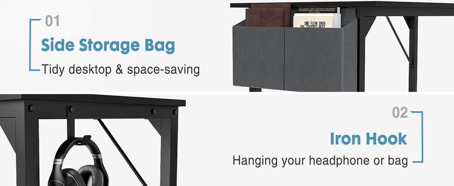 Modern Computer Desk with Side Bag & Headphone Hook