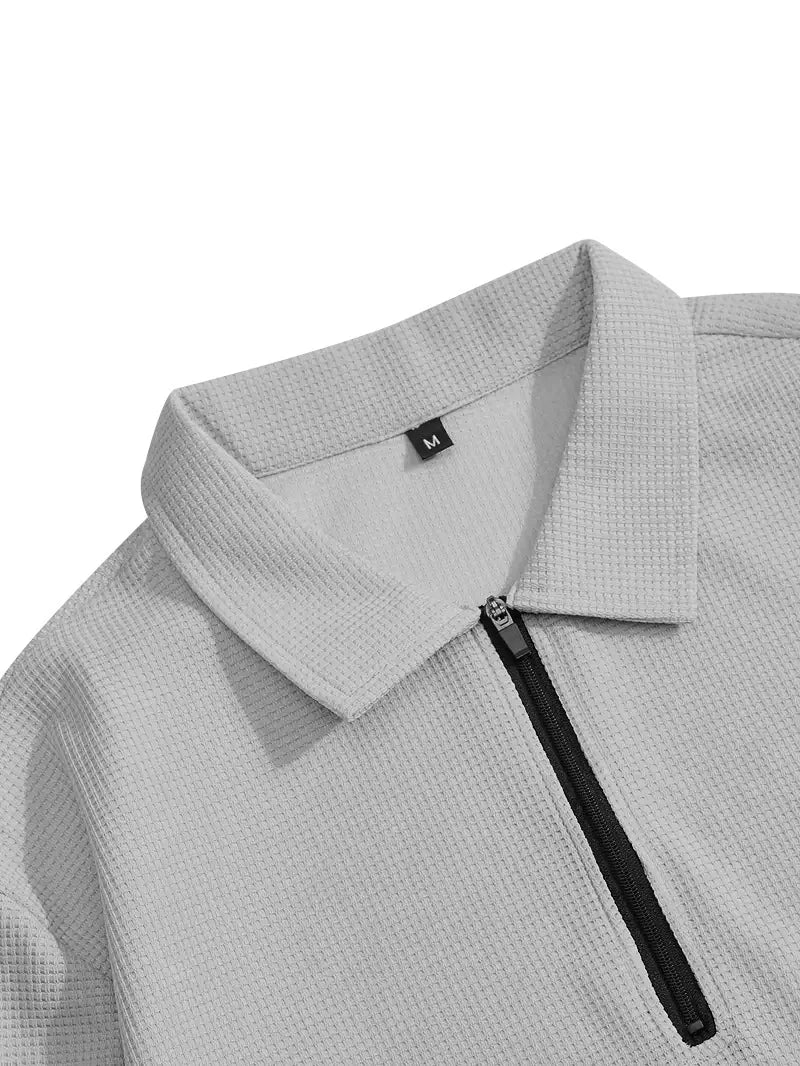 Spring and Autumn Men's Clothing  Waffle Fabric Men's Suit Fashion Casual Zipper and Lapel Long Sleeve POLO Shirt Trousers Suit