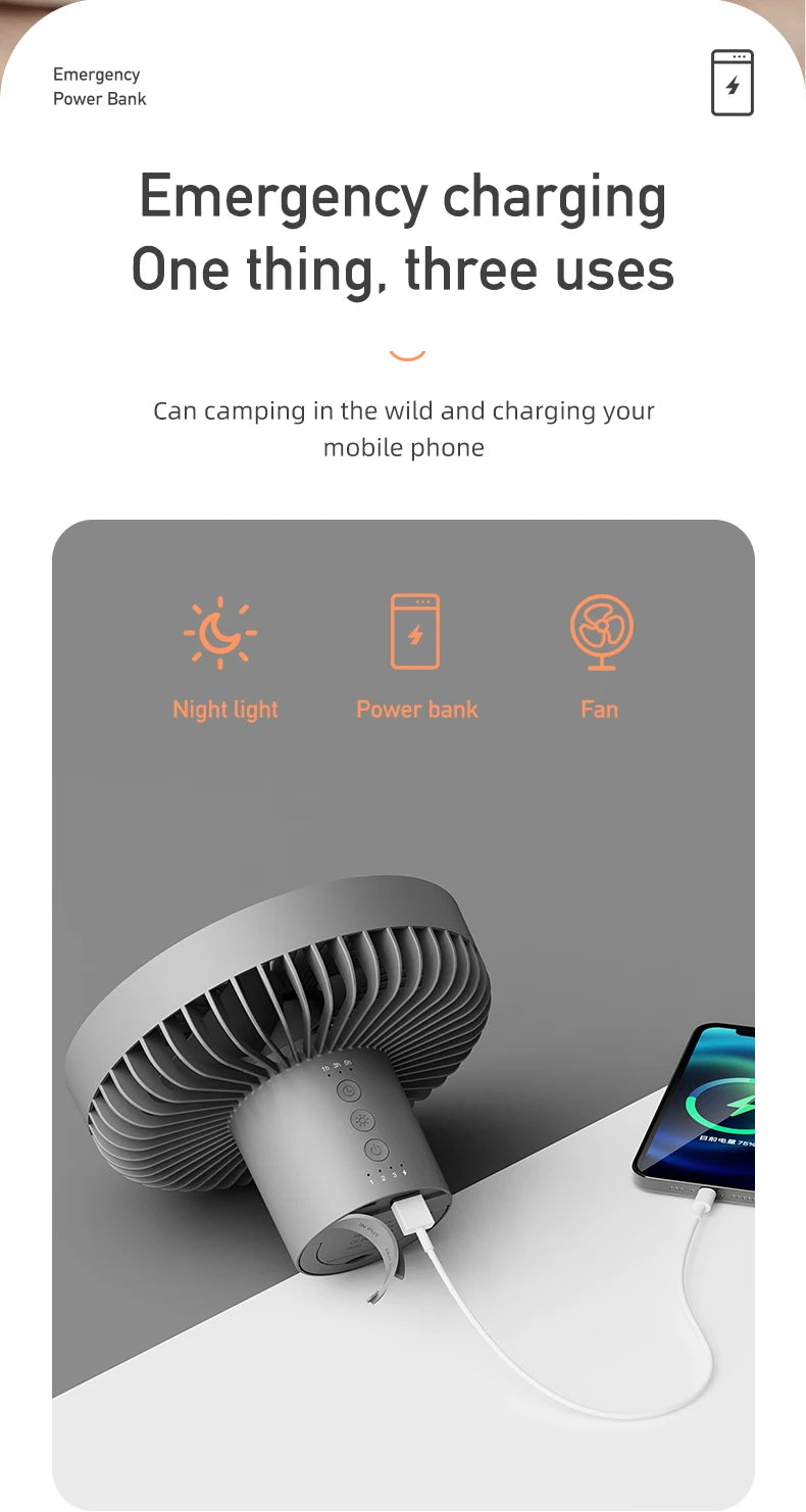Rechargeable Camping Fan with LED Light – Portable 10000mAh