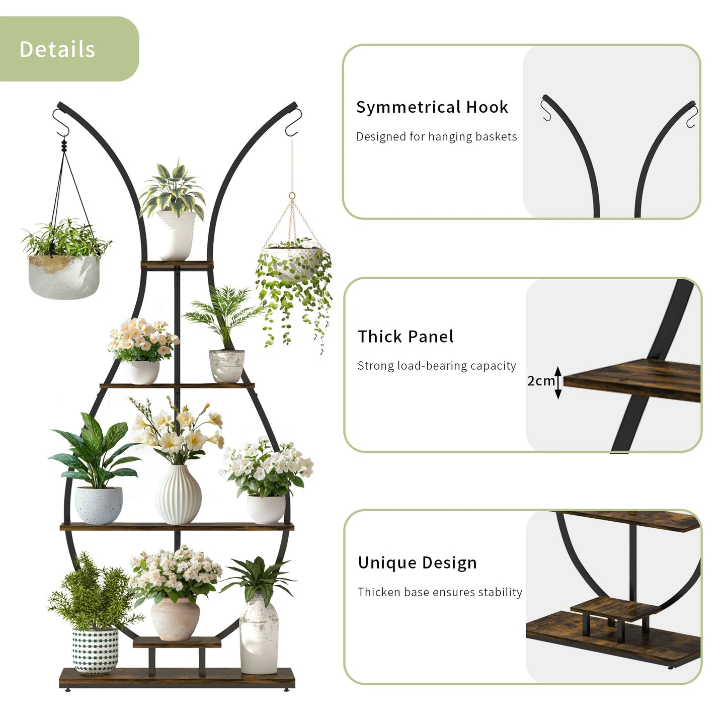 Vase Shape Tall Planter Display Rack Metal Garden Plant Stand with 5 Tiers and Hangers
