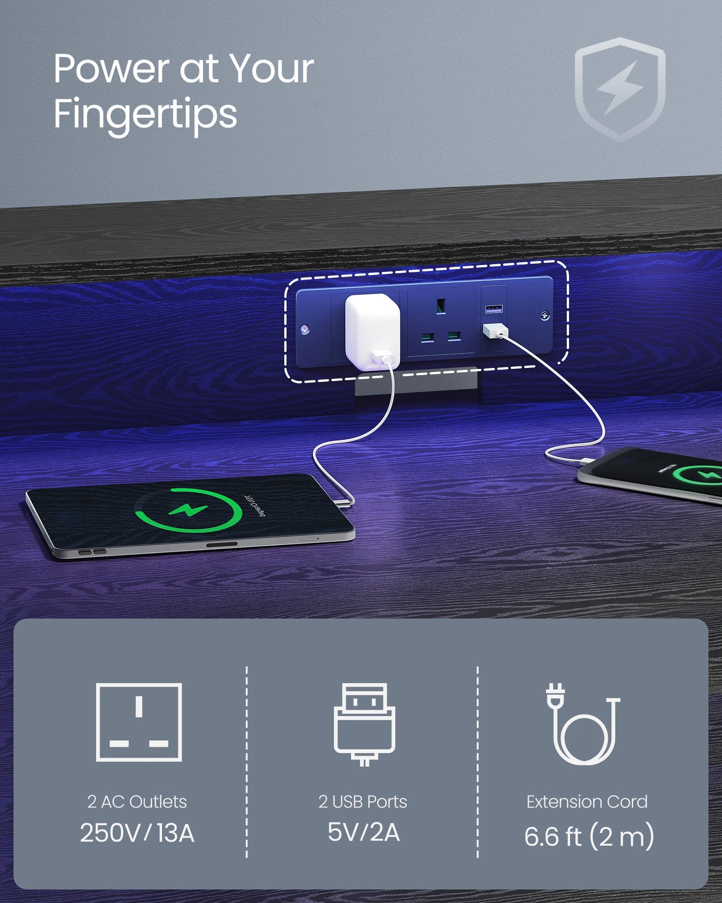 VASAGLE Gaming Desk with LED Lights and Built-In Power Outlets, Computer Desk with Monitor Shelf, Gaming Table, 100x61x91cm