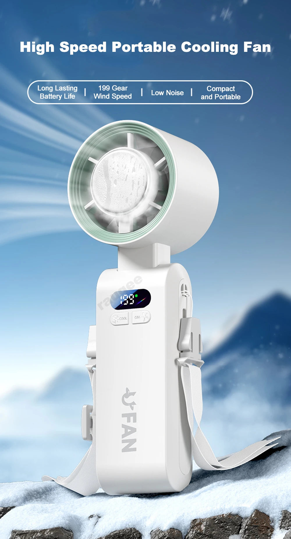 Portable Handheld Turbo Fan Foldable Hanging Neck Fan Mini Hand Fan 3600mAh USB Rechargeable High Speed Ice Cooling Turbo Fan