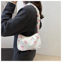 Women's Underarm Bag Summer Canvas Pleated Handlebags Armpit Purse FloralBow Printed Zipper Tote Handbag Female Y2k Shoulder Bag