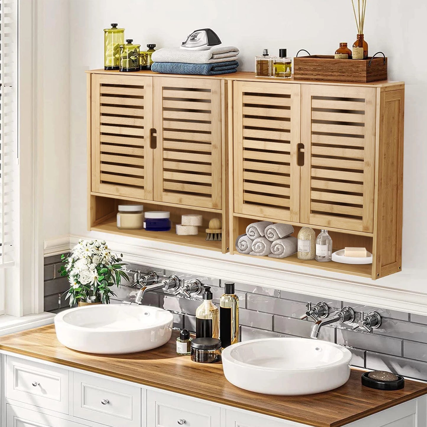 Wall Mounted Bathroom Cabinet Storage Shelf Bamboo Medicine Cabinet