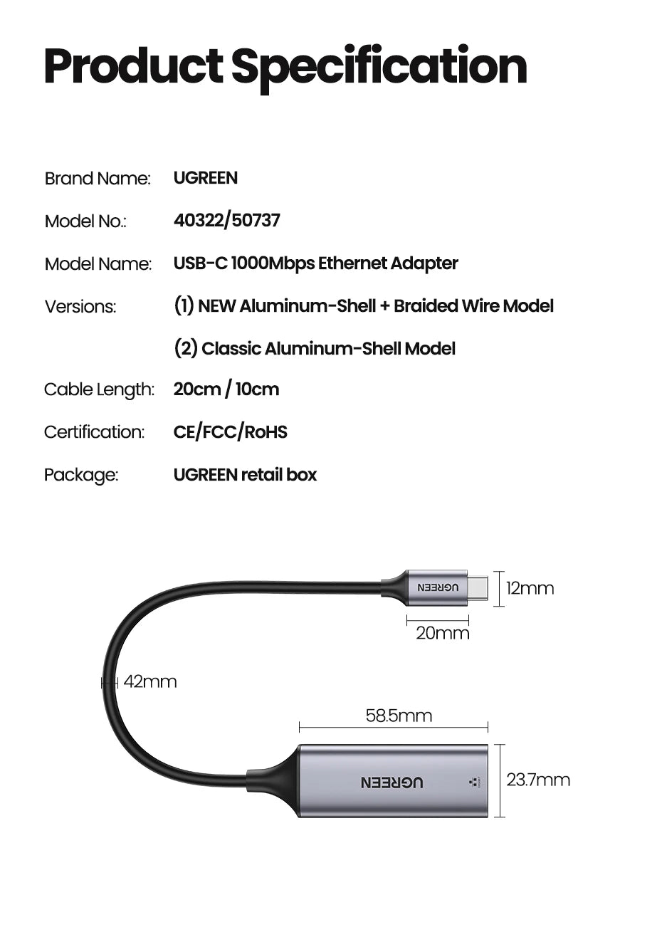 UGREEN USB C Ethernet Adapter 1000/100Mbps USB Lan RJ45 Thunderbolt 3 for Laptop Macbook Samsung iPad USB Ethernet Network Card
