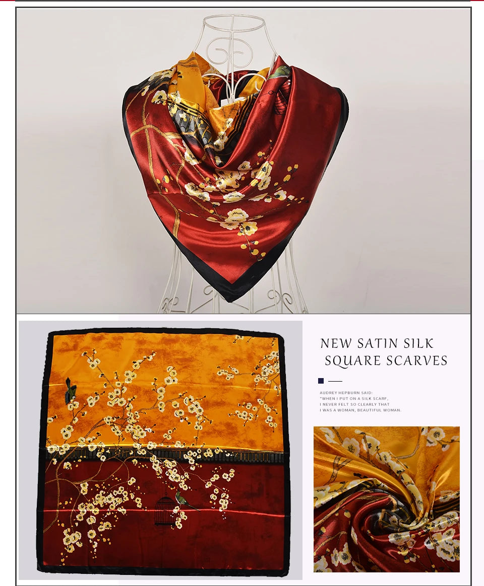 BYSIFA Beige Coffee Peony Silk Scarf Women 90x90cm