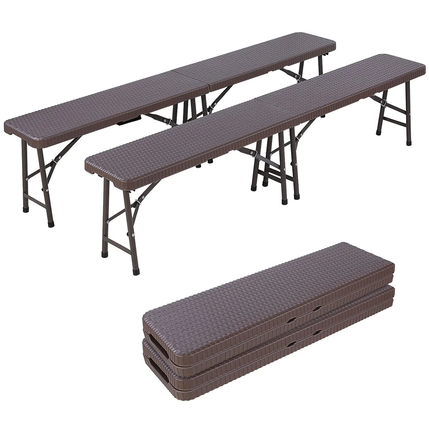 Camping Table Foldable 1 and 2 Benches, HDPE Plastic Panel, Waterproof, with Steel Frame, Patio Outdoor Furniture Set