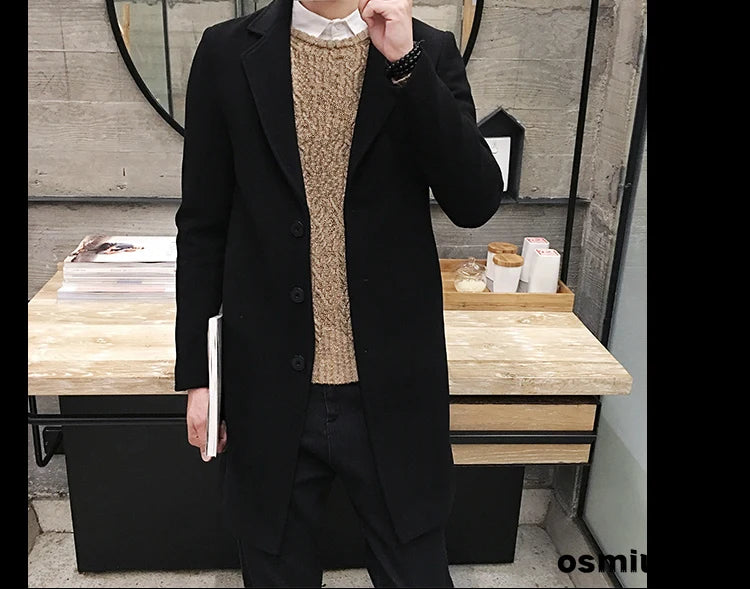 Men’s Woolen Long Coat – Slim Fit Korean Vintage Overcoat