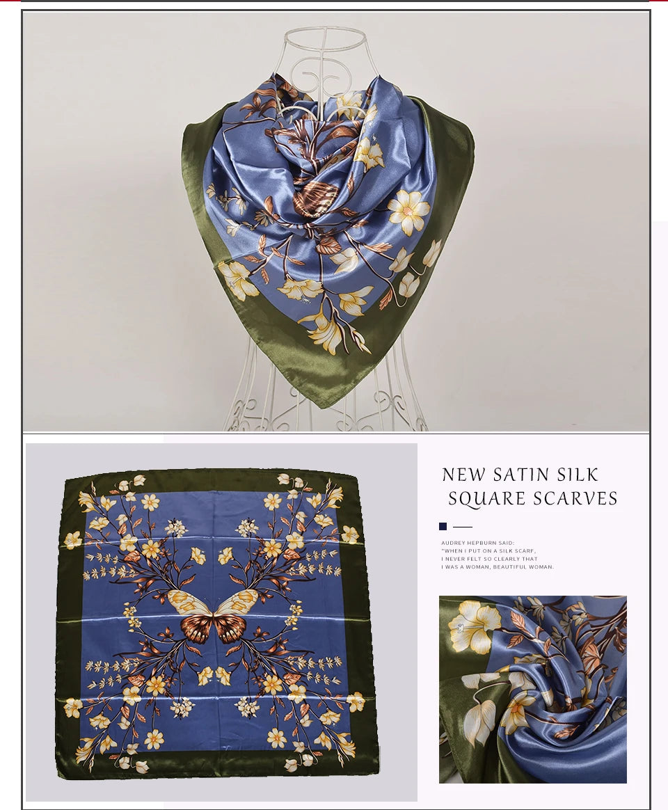 BYSIFA Beige Coffee Peony Silk Scarf Women 90x90cm