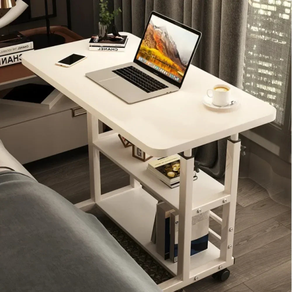 Simple Double-Layer Small Office Desk Floor Standing Simplicity Bedside Desk Adjustable Height Side Mobile Laptop Computer Table