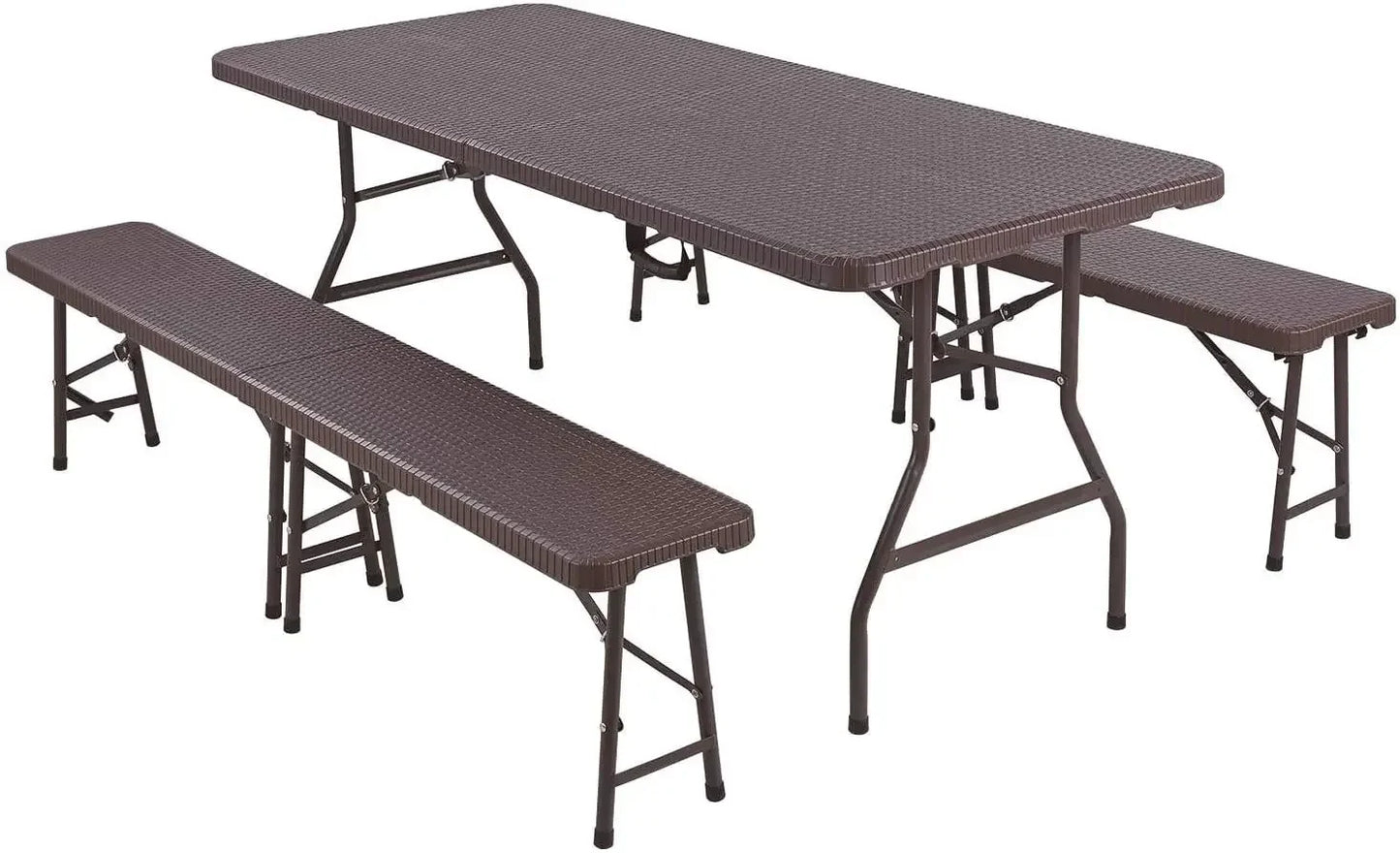 Camping Table Foldable 1 and 2 Benches, HDPE Plastic Panel, Waterproof, with Steel Frame, Patio Outdoor Furniture Set