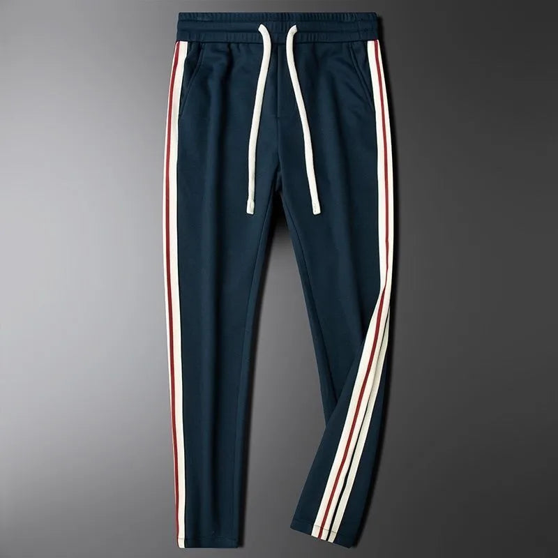 Men’s Slim-Fit Blue Casual Pants with Contrast Ribbon