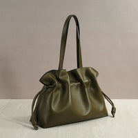 Women’s Cowhide Leather Lucky Bag – Pleated Drawstring Tote