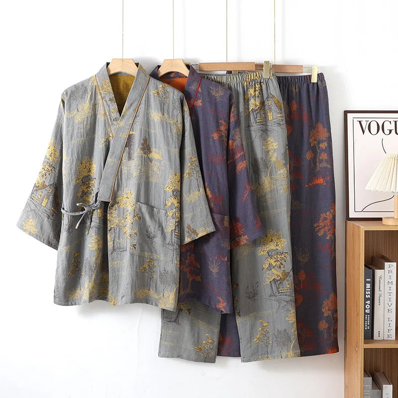 Men’s Cotton Kimono Pajama Robe – Jacquard Print Loungewear