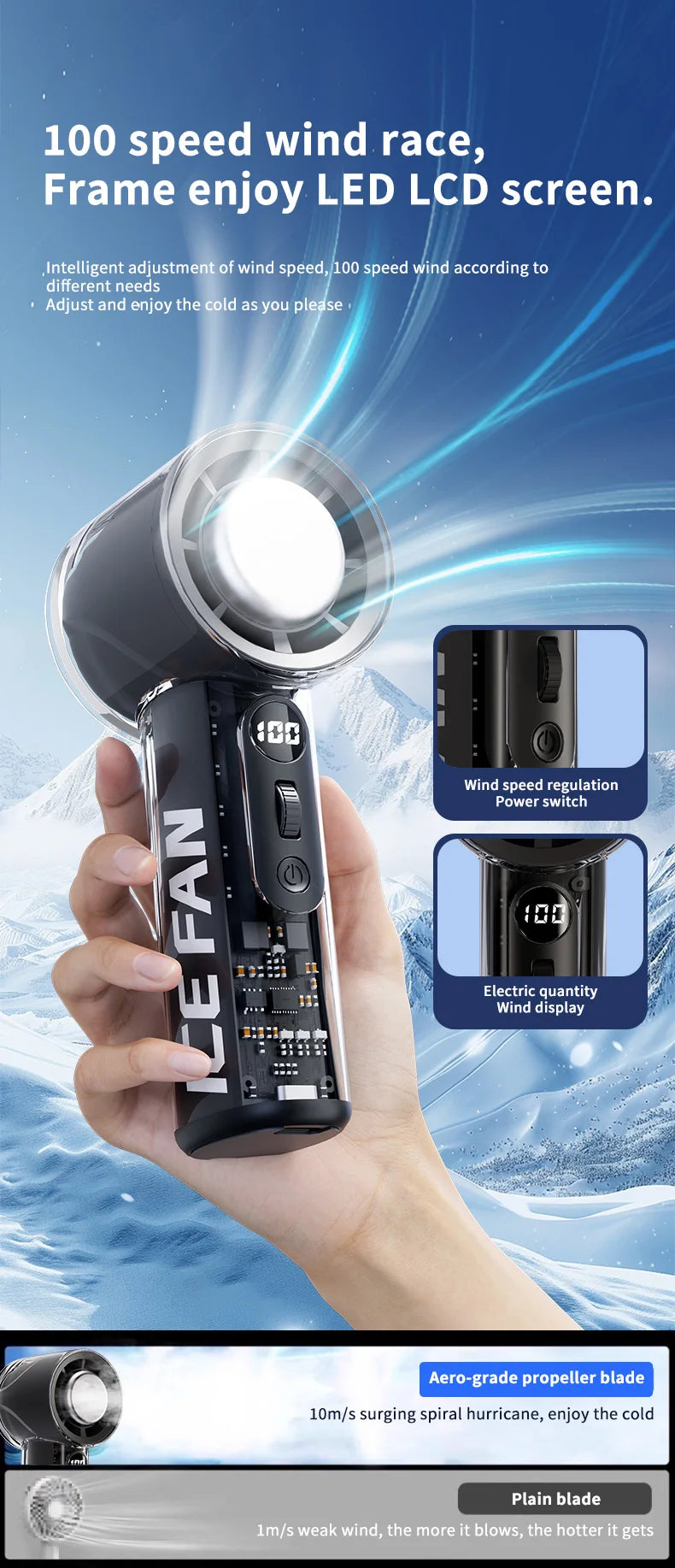 Turbos Chilled Ice Sensation Cold Fan 3000mAh Rechargeable Mini Turbos Fan 100 Speeds Outdoor Protable Handheld Air Cooling Fan