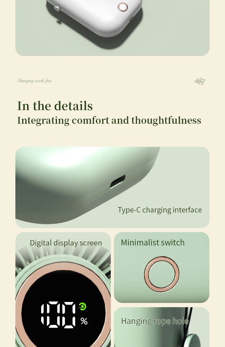 Portable Hanging Neck Fan with LED & 5 Speeds