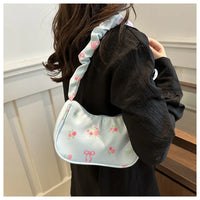 Women's Underarm Bag Summer Canvas Pleated Handlebags Armpit Purse FloralBow Printed Zipper Tote Handbag Female Y2k Shoulder Bag