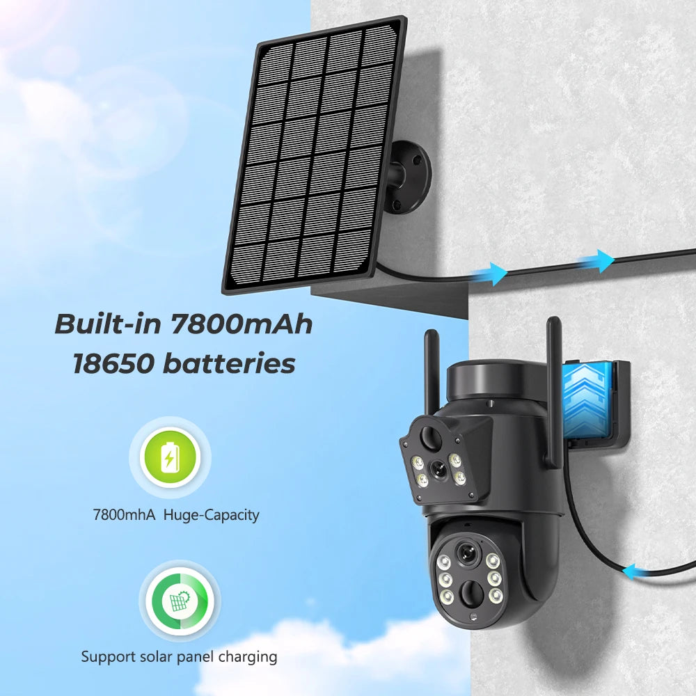 4K 8MP Solar Security Camera – Dual Lens WiFi PIR IP Camera