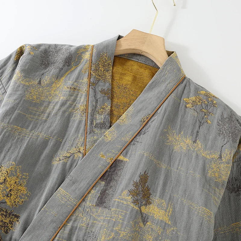 Men’s Cotton Kimono Pajama Robe – Jacquard Print Loungewear