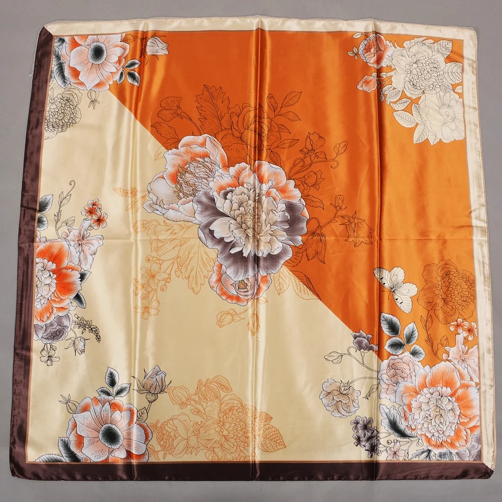 BYSIFA Beige Coffee Peony Silk Scarf Women 90x90cm