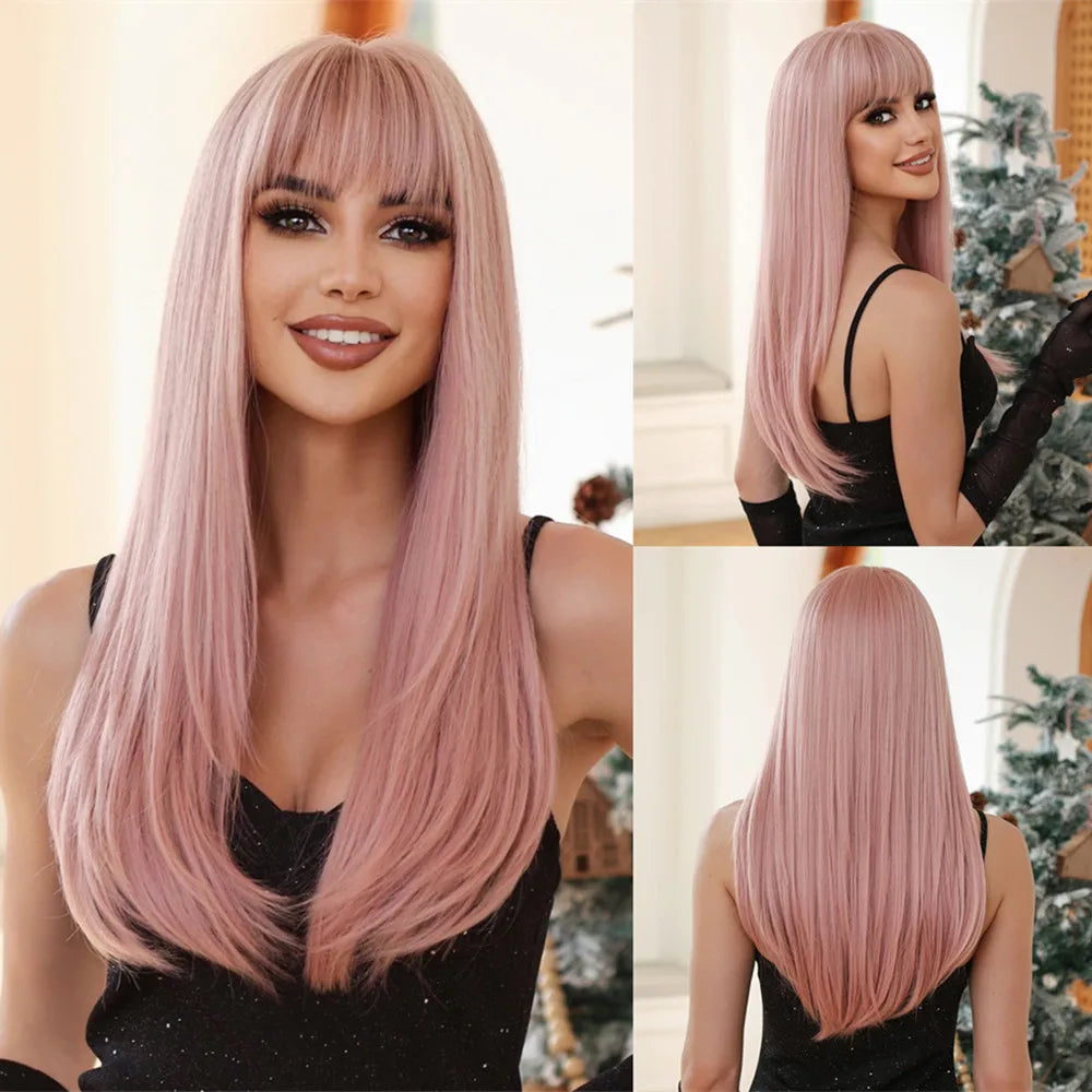 Reddish Brown Straight Layered Synthetic wig with Bangs Long hair Copper Ginger Wig for Women Daily Use Heat Resistant Wigs