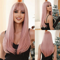 Reddish Brown Straight Layered Synthetic wig with Bangs Long hair Copper Ginger Wig for Women Daily Use Heat Resistant Wigs