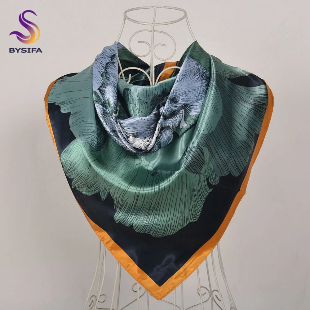 BYSIFA Beige Coffee Peony Silk Scarf Women 90x90cm