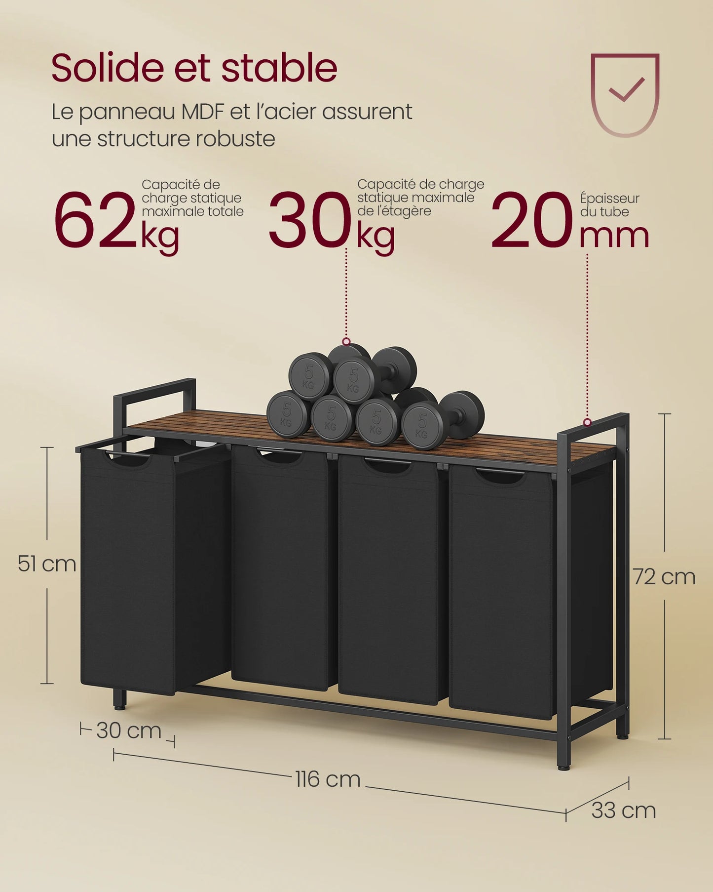 VASAGLE Laundry Basket, 4-Compartment Laundry Hamper, Pull-Out and Removable Laundry Bags, Laundry Sorter, Shelf, Metal Frame