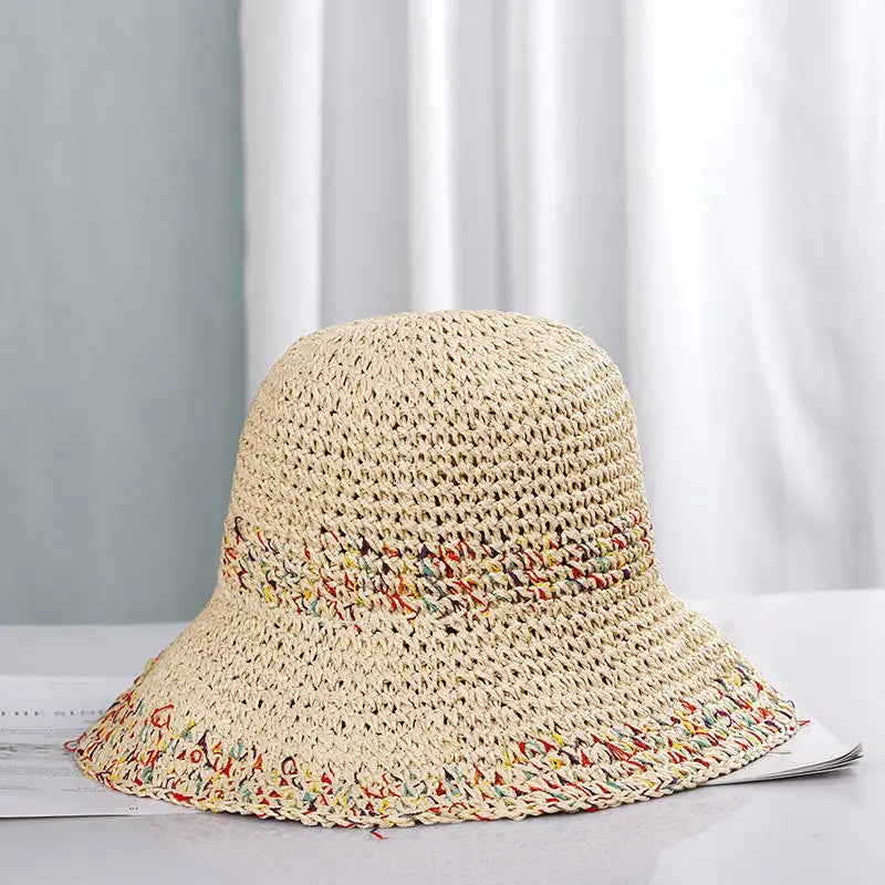 Rainbow woven women's sunscreen hat summer Japanese straw hat  protective fashion, breathable hollow beach sun hat