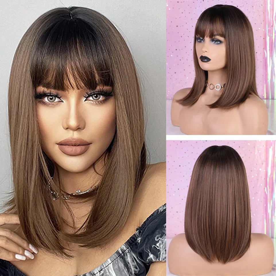 ALAN EATON Ombre Brown Short Layered Wig with Bangs