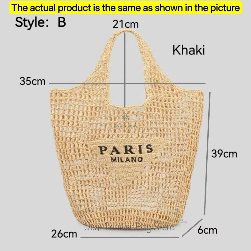 Women's Summer Beach Straw Style Tote Bag Handwoven Large Capacity Luxury Designer Travel Handbags Casual Portable Shoulder Bags