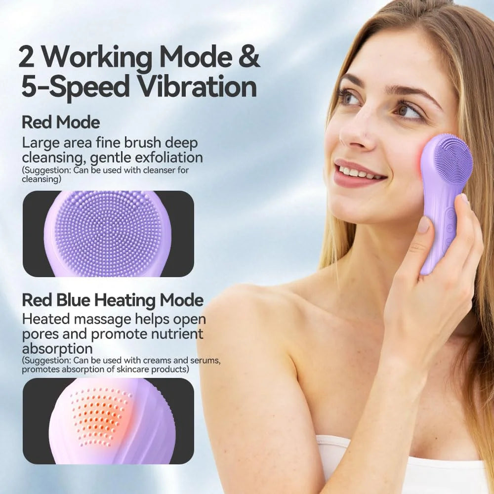 Heated Silicone Facial Cleansing Brush – 5 Speed Rechargeable