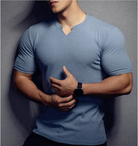 Men’s V-Neck Slim Fit T-Shirt – Summer Striped Gym Tee