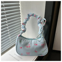 Women's Underarm Bag Summer Canvas Pleated Handlebags Armpit Purse FloralBow Printed Zipper Tote Handbag Female Y2k Shoulder Bag