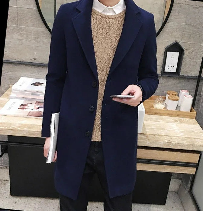 Men’s Woolen Long Coat – Slim Fit Korean Vintage Overcoat