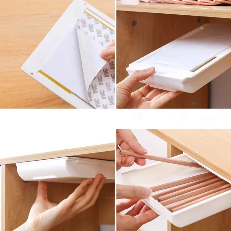 Self Stick Pencil Tray Desk Table Storage Drawer Organizer Box Under Desk Stand Self-adhesive Under-drawer Storage