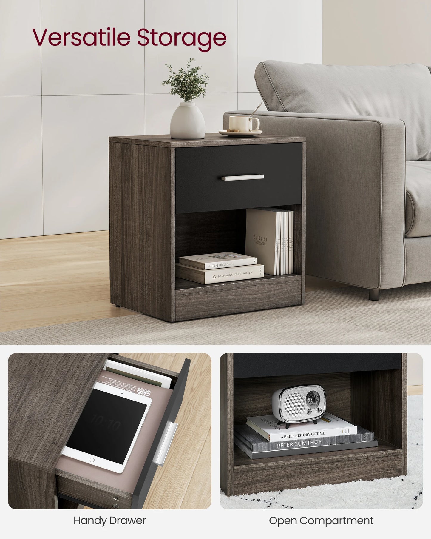 VASAGLE Bedside Table, Side Table with Drawer, Handle, Open Compartment, End Table, for Bedroom, Living Room