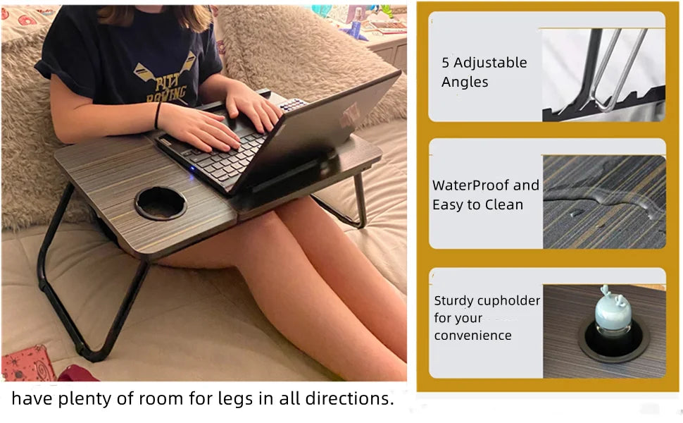Work/Study in Bed Comfortably  Adjustable & Foldable Lap Desk with Cup Holder, Ventilated Design Prevents Overheating.