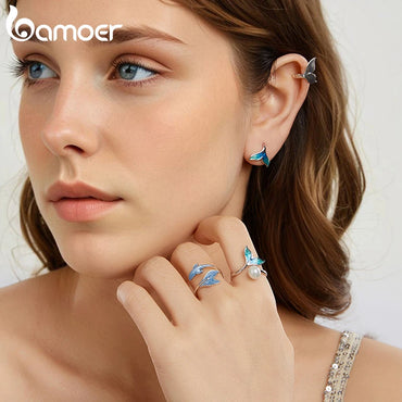 Bamoer 925 Silver Mermaid & Starfish Ocean Hoop Earrings