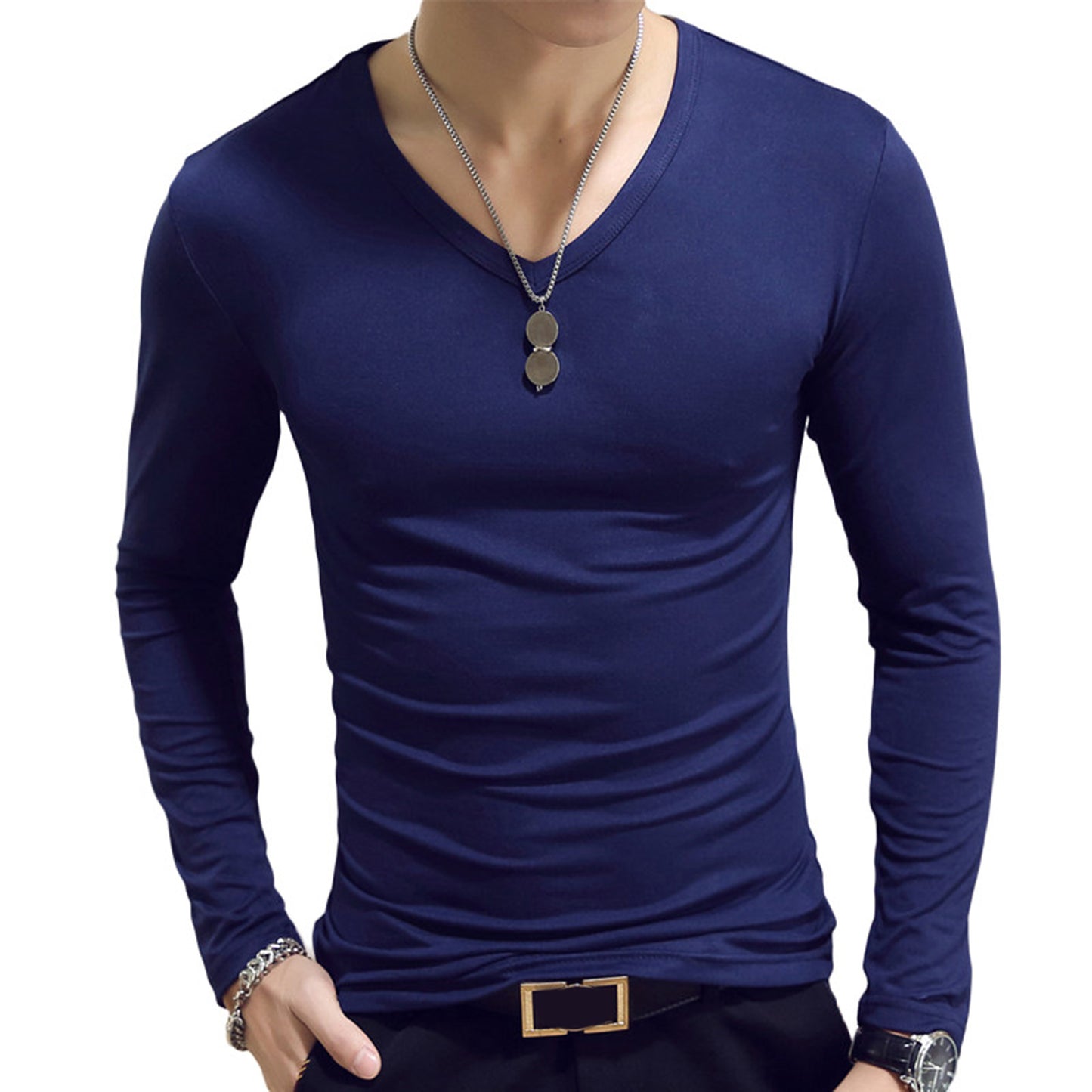 Men’s Slim Fit V-Neck Long Sleeve T-Shirt – Casual Solid Tee