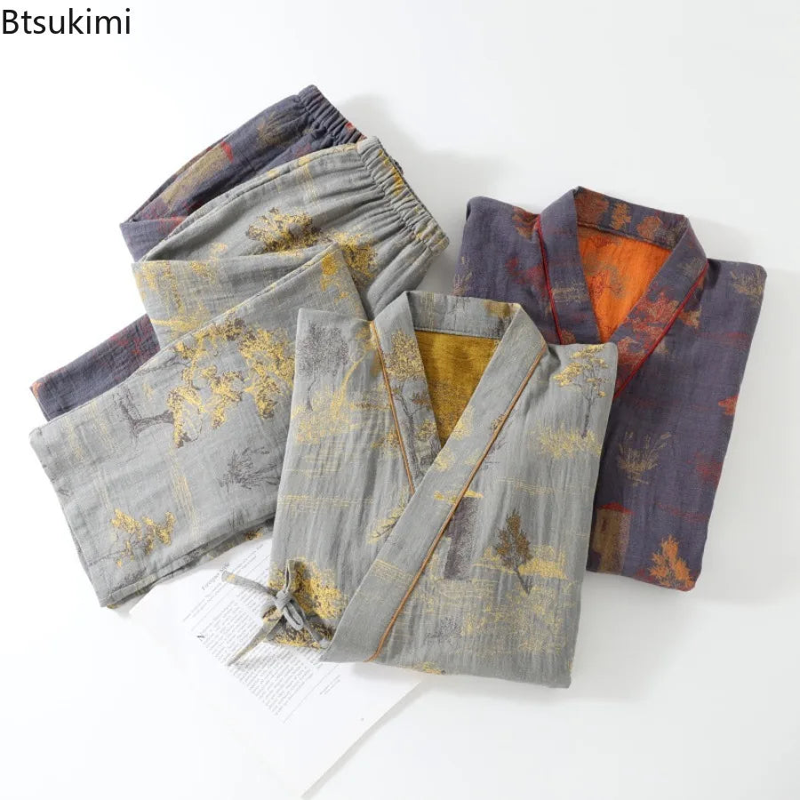 Men’s Cotton Kimono Pajama Robe – Jacquard Print Loungewear