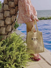Women's Summer Beach Straw Style Tote Bag Handwoven Large Capacity Luxury Designer Travel Handbags Casual Portable Shoulder Bags