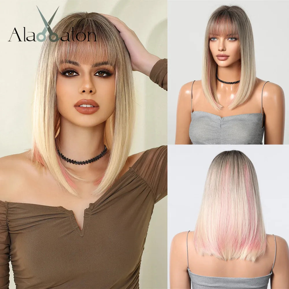 ALAN EATON Ombre Brown Short Layered Wig with Bangs