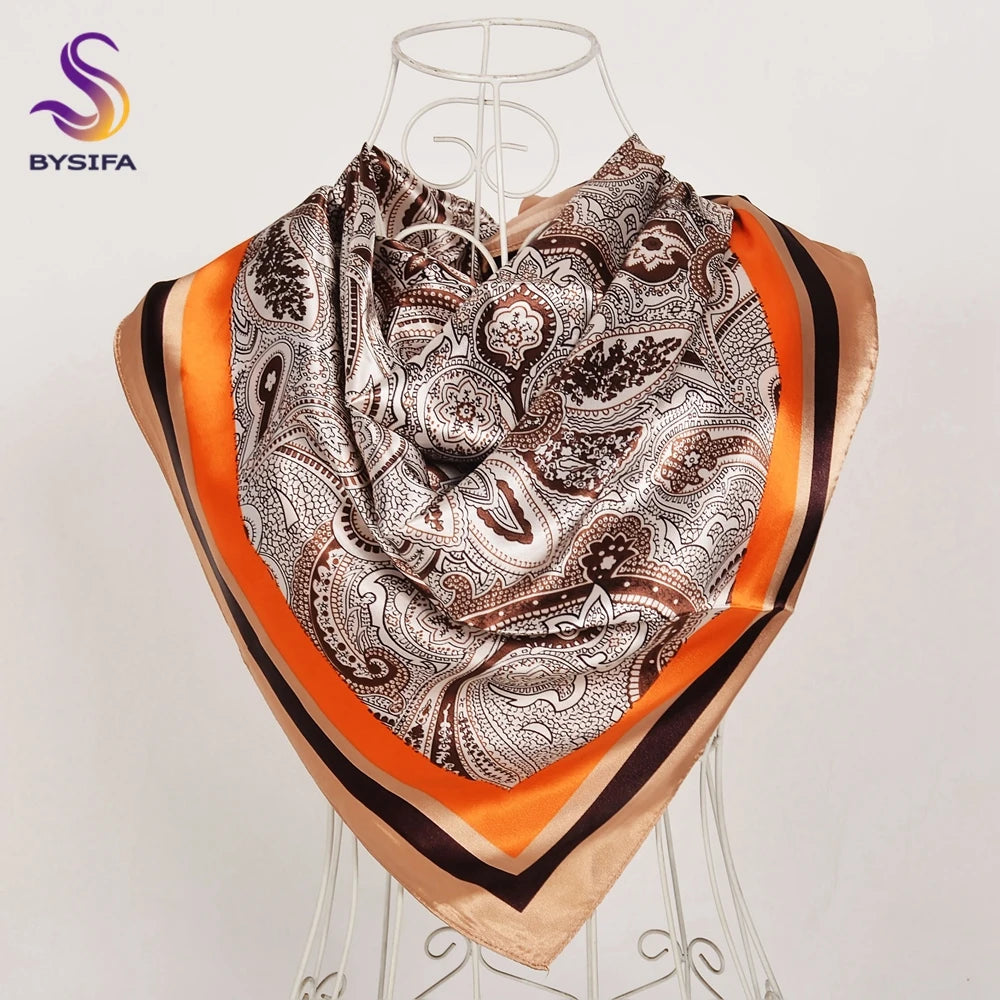 BYSIFA Beige Coffee Peony Silk Scarf Women 90x90cm