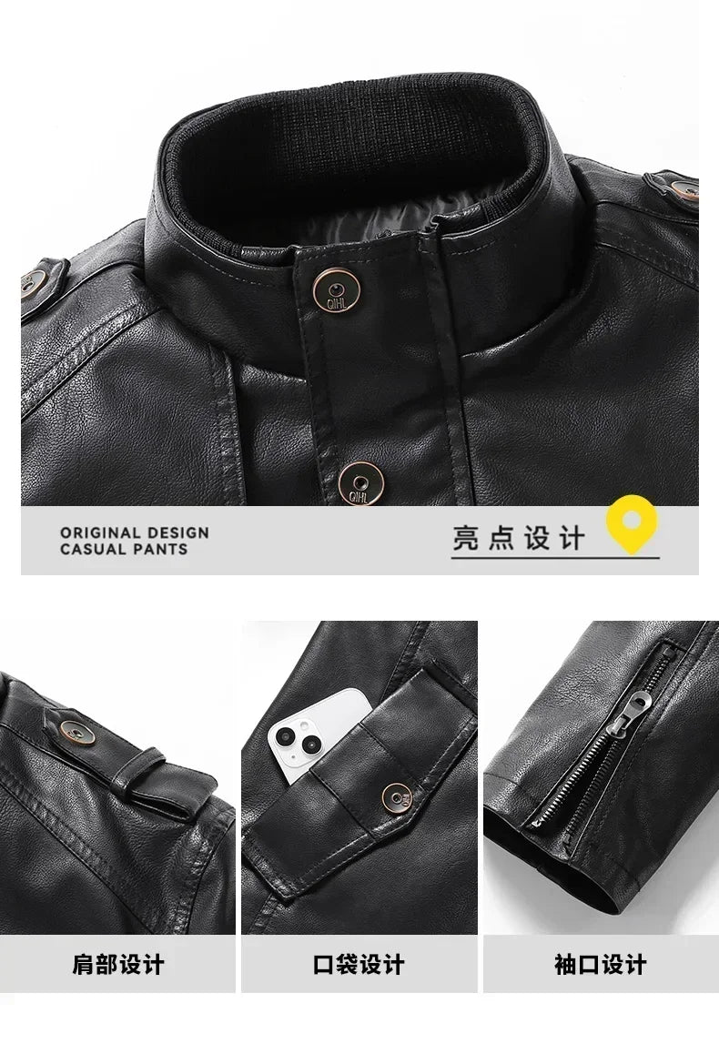 Men’s Slim Winter Leather Jacket with Fleece Lining
