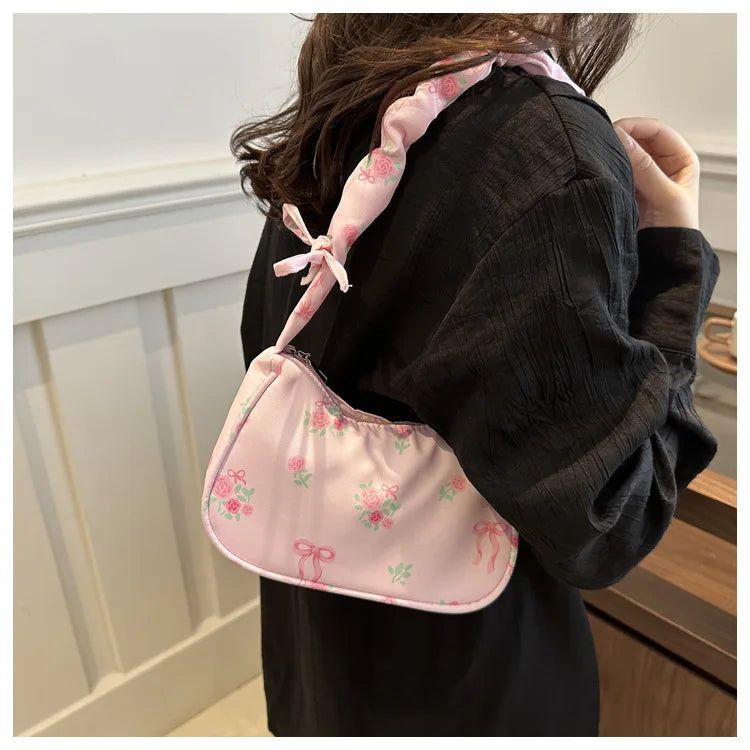 Women's Underarm Bag Summer Canvas Pleated Handlebags Armpit Purse FloralBow Printed Zipper Tote Handbag Female Y2k Shoulder Bag
