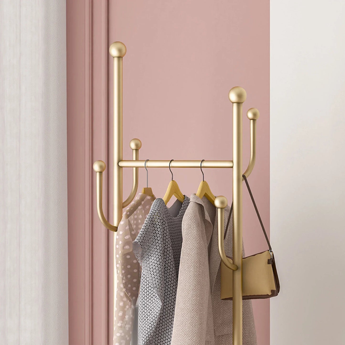 Gold Freestanding Metal Coat Rack with 6 Hooks